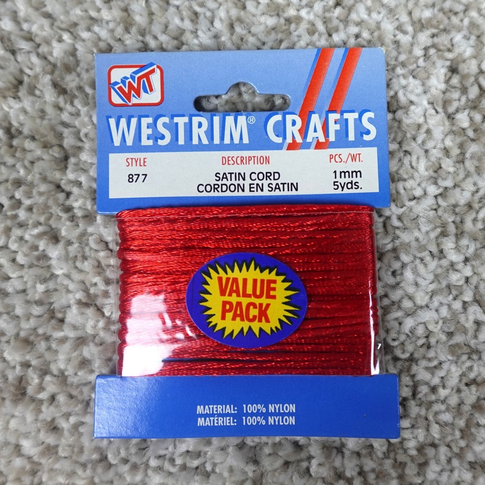 Westrim Crafts Red Satin Cord 1mm 5 Yards Style 877 Nylon Rattail DIY Jewelry